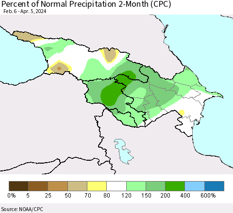 Azerbaijan, Armenia and Georgia Percent of Normal Precipitation 2-Month (CPC) Thematic Map For 2/6/2024 - 4/5/2024