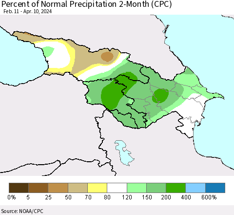 Azerbaijan, Armenia and Georgia Percent of Normal Precipitation 2-Month (CPC) Thematic Map For 2/11/2024 - 4/10/2024