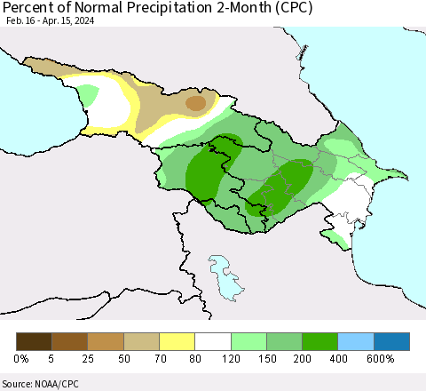 Azerbaijan, Armenia and Georgia Percent of Normal Precipitation 2-Month (CPC) Thematic Map For 2/16/2024 - 4/15/2024
