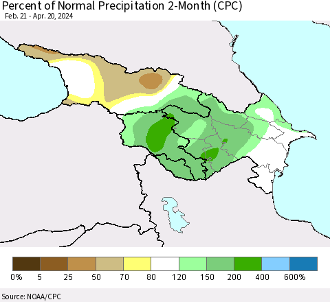 Azerbaijan, Armenia and Georgia Percent of Normal Precipitation 2-Month (CPC) Thematic Map For 2/21/2024 - 4/20/2024