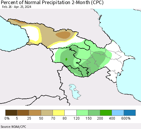 Azerbaijan, Armenia and Georgia Percent of Normal Precipitation 2-Month (CPC) Thematic Map For 2/26/2024 - 4/25/2024
