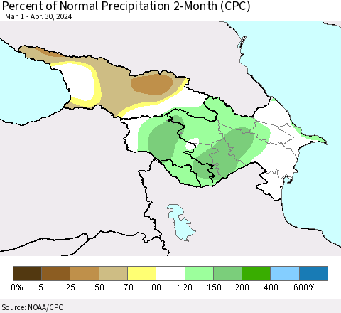 Azerbaijan, Armenia and Georgia Percent of Normal Precipitation 2-Month (CPC) Thematic Map For 3/1/2024 - 4/30/2024