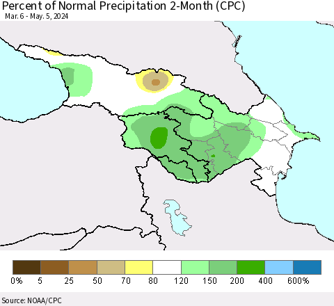 Azerbaijan, Armenia and Georgia Percent of Normal Precipitation 2-Month (CPC) Thematic Map For 3/6/2024 - 5/5/2024