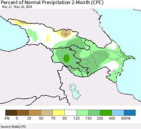 Azerbaijan, Armenia and Georgia Percent of Normal Precipitation 2-Month (CPC) Thematic Map For 3/11/2024 - 5/10/2024