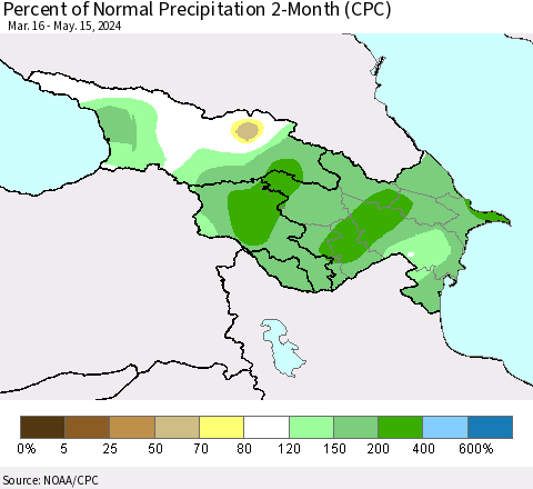 Azerbaijan, Armenia and Georgia Percent of Normal Precipitation 2-Month (CPC) Thematic Map For 3/16/2024 - 5/15/2024
