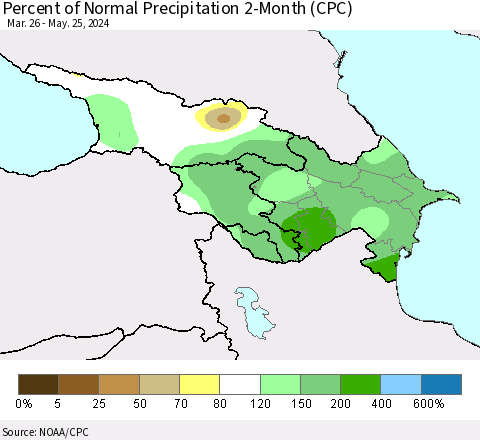 Azerbaijan, Armenia and Georgia Percent of Normal Precipitation 2-Month (CPC) Thematic Map For 3/26/2024 - 5/25/2024