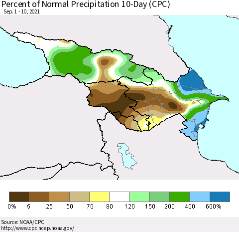 Azerbaijan, Armenia and Georgia Percent of Normal Precipitation 10-Day (CPC) Thematic Map For 9/1/2021 - 9/10/2021