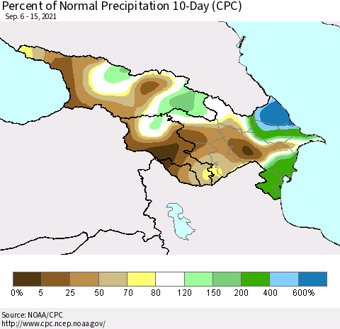 Azerbaijan, Armenia and Georgia Percent of Normal Precipitation 10-Day (CPC) Thematic Map For 9/6/2021 - 9/15/2021