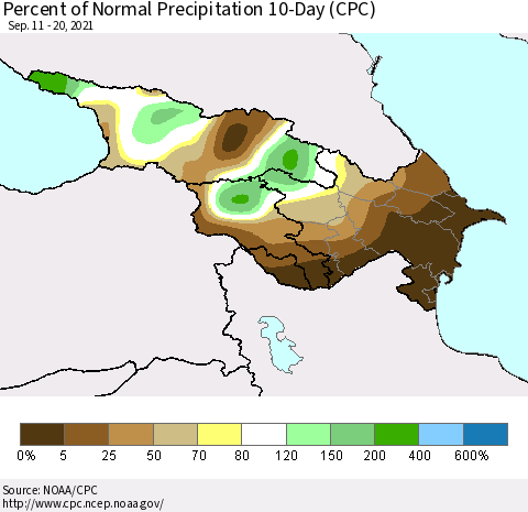 Azerbaijan, Armenia and Georgia Percent of Normal Precipitation 10-Day (CPC) Thematic Map For 9/11/2021 - 9/20/2021