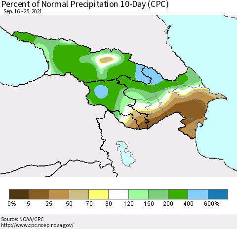 Azerbaijan, Armenia and Georgia Percent of Normal Precipitation 10-Day (CPC) Thematic Map For 9/16/2021 - 9/25/2021