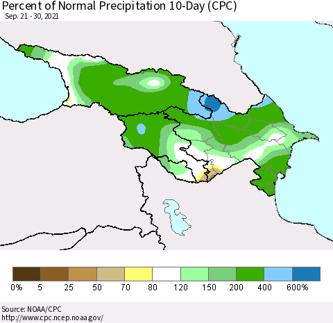 Azerbaijan, Armenia and Georgia Percent of Normal Precipitation 10-Day (CPC) Thematic Map For 9/21/2021 - 9/30/2021