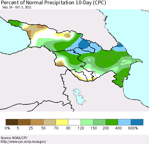 Azerbaijan, Armenia and Georgia Percent of Normal Precipitation 10-Day (CPC) Thematic Map For 9/26/2021 - 10/5/2021