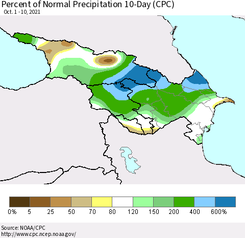 Azerbaijan, Armenia and Georgia Percent of Normal Precipitation 10-Day (CPC) Thematic Map For 10/1/2021 - 10/10/2021