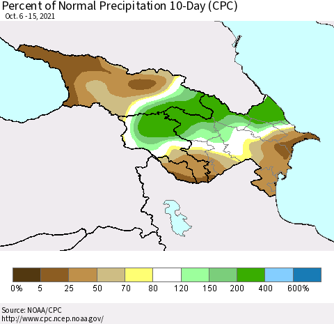 Azerbaijan, Armenia and Georgia Percent of Normal Precipitation 10-Day (CPC) Thematic Map For 10/6/2021 - 10/15/2021