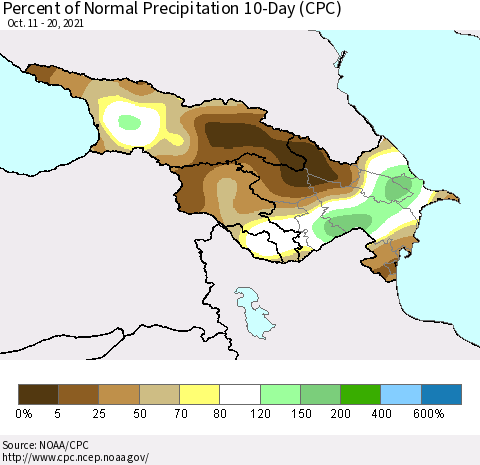 Azerbaijan, Armenia and Georgia Percent of Normal Precipitation 10-Day (CPC) Thematic Map For 10/11/2021 - 10/20/2021