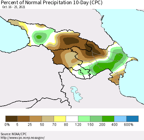 Azerbaijan, Armenia and Georgia Percent of Normal Precipitation 10-Day (CPC) Thematic Map For 10/16/2021 - 10/25/2021