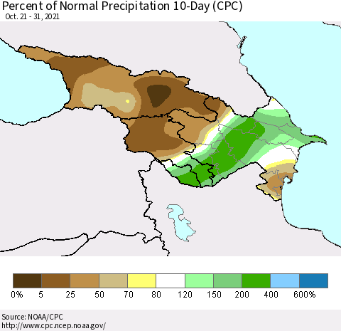 Azerbaijan, Armenia and Georgia Percent of Normal Precipitation 10-Day (CPC) Thematic Map For 10/21/2021 - 10/31/2021