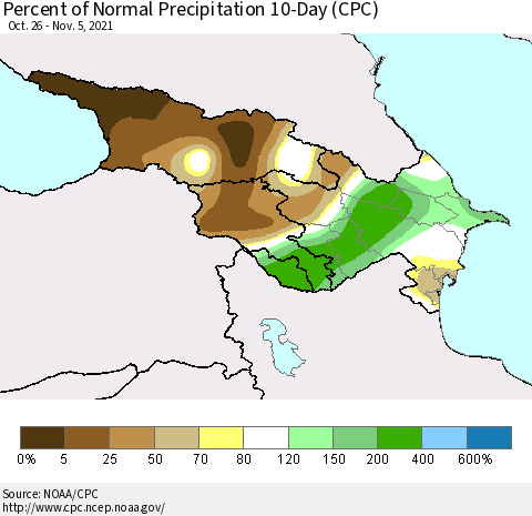 Azerbaijan, Armenia and Georgia Percent of Normal Precipitation 10-Day (CPC) Thematic Map For 10/26/2021 - 11/5/2021
