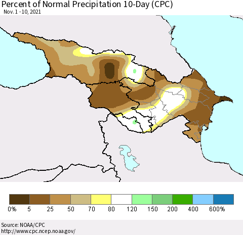 Azerbaijan, Armenia and Georgia Percent of Normal Precipitation 10-Day (CPC) Thematic Map For 11/1/2021 - 11/10/2021