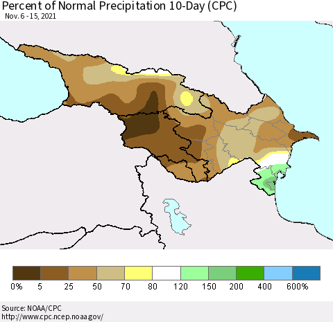 Azerbaijan, Armenia and Georgia Percent of Normal Precipitation 10-Day (CPC) Thematic Map For 11/6/2021 - 11/15/2021