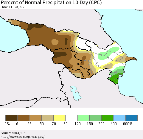 Azerbaijan, Armenia and Georgia Percent of Normal Precipitation 10-Day (CPC) Thematic Map For 11/11/2021 - 11/20/2021