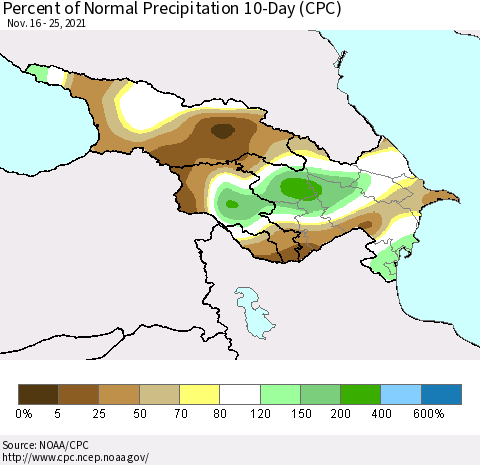 Azerbaijan, Armenia and Georgia Percent of Normal Precipitation 10-Day (CPC) Thematic Map For 11/16/2021 - 11/25/2021