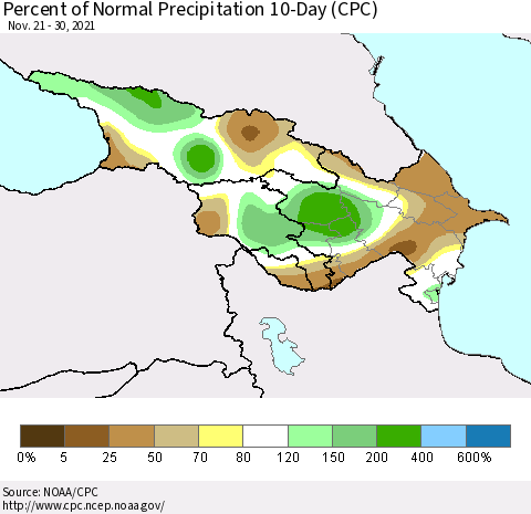 Azerbaijan, Armenia and Georgia Percent of Normal Precipitation 10-Day (CPC) Thematic Map For 11/21/2021 - 11/30/2021