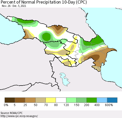 Azerbaijan, Armenia and Georgia Percent of Normal Precipitation 10-Day (CPC) Thematic Map For 11/26/2021 - 12/5/2021