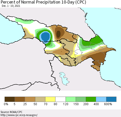 Azerbaijan, Armenia and Georgia Percent of Normal Precipitation 10-Day (CPC) Thematic Map For 12/1/2021 - 12/10/2021