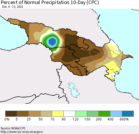 Azerbaijan, Armenia and Georgia Percent of Normal Precipitation 10-Day (CPC) Thematic Map For 12/6/2021 - 12/15/2021