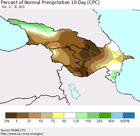 Azerbaijan, Armenia and Georgia Percent of Normal Precipitation 10-Day (CPC) Thematic Map For 12/11/2021 - 12/20/2021