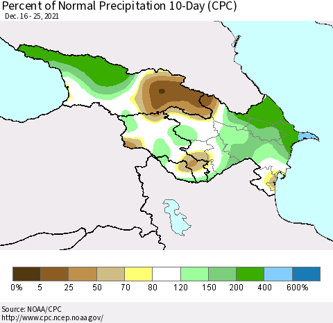 Azerbaijan, Armenia and Georgia Percent of Normal Precipitation 10-Day (CPC) Thematic Map For 12/16/2021 - 12/25/2021