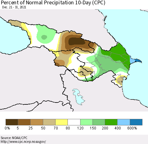Azerbaijan, Armenia and Georgia Percent of Normal Precipitation 10-Day (CPC) Thematic Map For 12/21/2021 - 12/31/2021