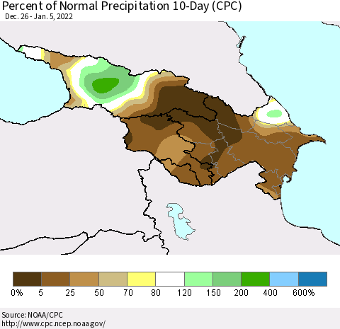 Azerbaijan, Armenia and Georgia Percent of Normal Precipitation 10-Day (CPC) Thematic Map For 12/26/2021 - 1/5/2022