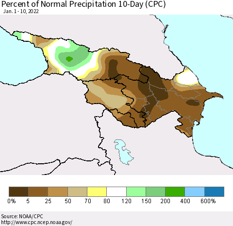 Azerbaijan, Armenia and Georgia Percent of Normal Precipitation 10-Day (CPC) Thematic Map For 1/1/2022 - 1/10/2022