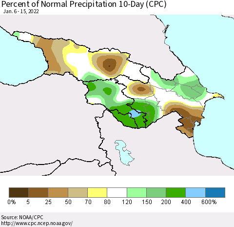 Azerbaijan, Armenia and Georgia Percent of Normal Precipitation 10-Day (CPC) Thematic Map For 1/6/2022 - 1/15/2022