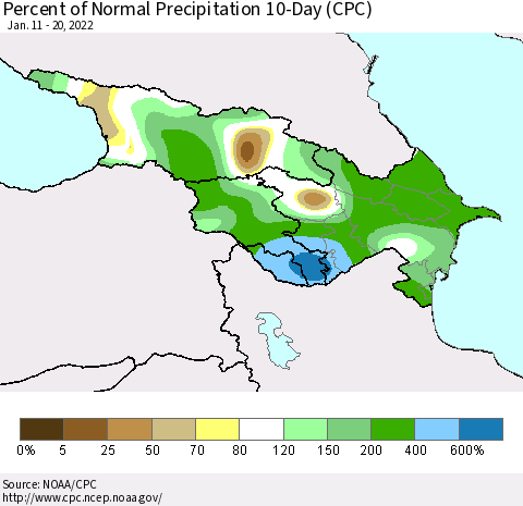 Azerbaijan, Armenia and Georgia Percent of Normal Precipitation 10-Day (CPC) Thematic Map For 1/11/2022 - 1/20/2022