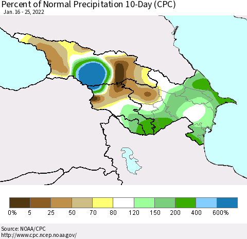 Azerbaijan, Armenia and Georgia Percent of Normal Precipitation 10-Day (CPC) Thematic Map For 1/16/2022 - 1/25/2022