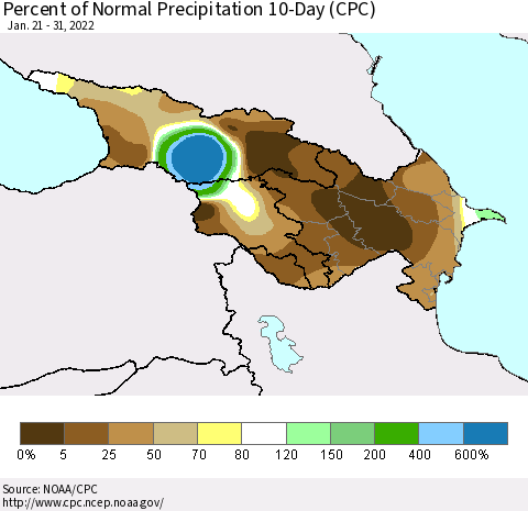 Azerbaijan, Armenia and Georgia Percent of Normal Precipitation 10-Day (CPC) Thematic Map For 1/21/2022 - 1/31/2022