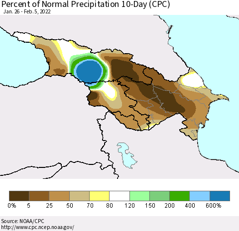 Azerbaijan, Armenia and Georgia Percent of Normal Precipitation 10-Day (CPC) Thematic Map For 1/26/2022 - 2/5/2022