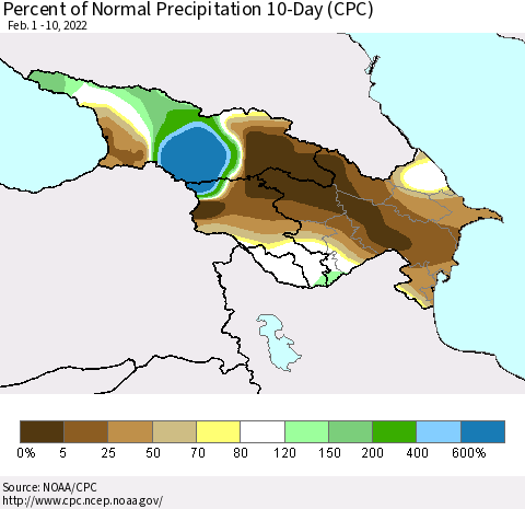 Azerbaijan, Armenia and Georgia Percent of Normal Precipitation 10-Day (CPC) Thematic Map For 2/1/2022 - 2/10/2022