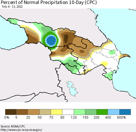 Azerbaijan, Armenia and Georgia Percent of Normal Precipitation 10-Day (CPC) Thematic Map For 2/6/2022 - 2/15/2022