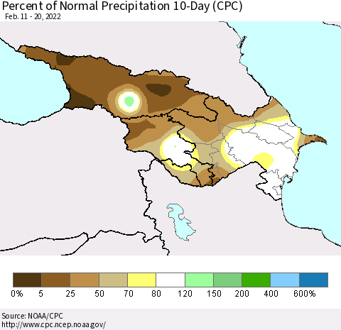 Azerbaijan, Armenia and Georgia Percent of Normal Precipitation 10-Day (CPC) Thematic Map For 2/11/2022 - 2/20/2022