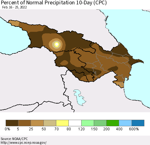 Azerbaijan, Armenia and Georgia Percent of Normal Precipitation 10-Day (CPC) Thematic Map For 2/16/2022 - 2/25/2022