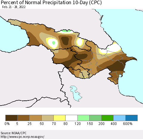 Azerbaijan, Armenia and Georgia Percent of Normal Precipitation 10-Day (CPC) Thematic Map For 2/21/2022 - 2/28/2022