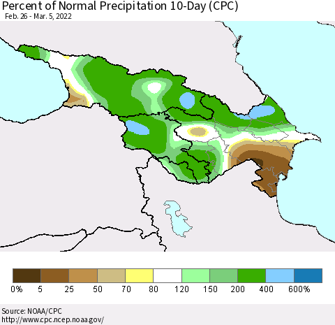 Azerbaijan, Armenia and Georgia Percent of Normal Precipitation 10-Day (CPC) Thematic Map For 2/26/2022 - 3/5/2022