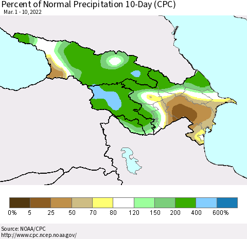 Azerbaijan, Armenia and Georgia Percent of Normal Precipitation 10-Day (CPC) Thematic Map For 3/1/2022 - 3/10/2022