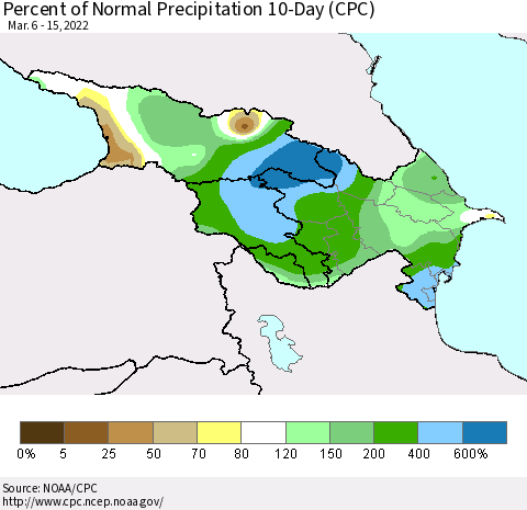 Azerbaijan, Armenia and Georgia Percent of Normal Precipitation 10-Day (CPC) Thematic Map For 3/6/2022 - 3/15/2022