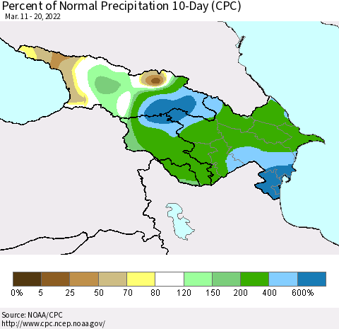 Azerbaijan, Armenia and Georgia Percent of Normal Precipitation 10-Day (CPC) Thematic Map For 3/11/2022 - 3/20/2022