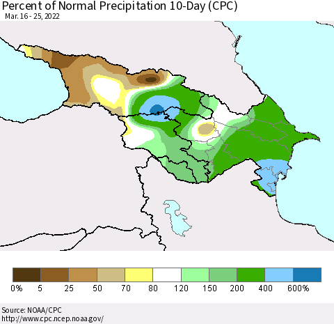 Azerbaijan, Armenia and Georgia Percent of Normal Precipitation 10-Day (CPC) Thematic Map For 3/16/2022 - 3/25/2022